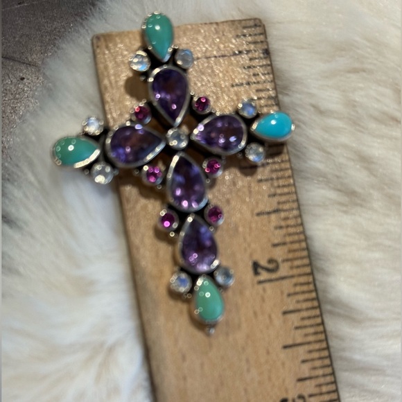 Nicky Butler 925 Amethyst, Turquoise, Moonstone Cross Pendant - Picture 5 of 5